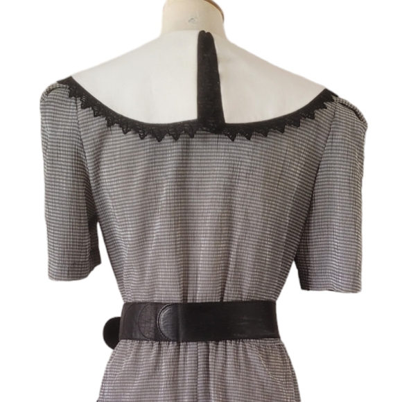 80's Leslie Fay Collection Black and White Check Hankerchief‎ Collar Midi Dress - Picture 6 of 7